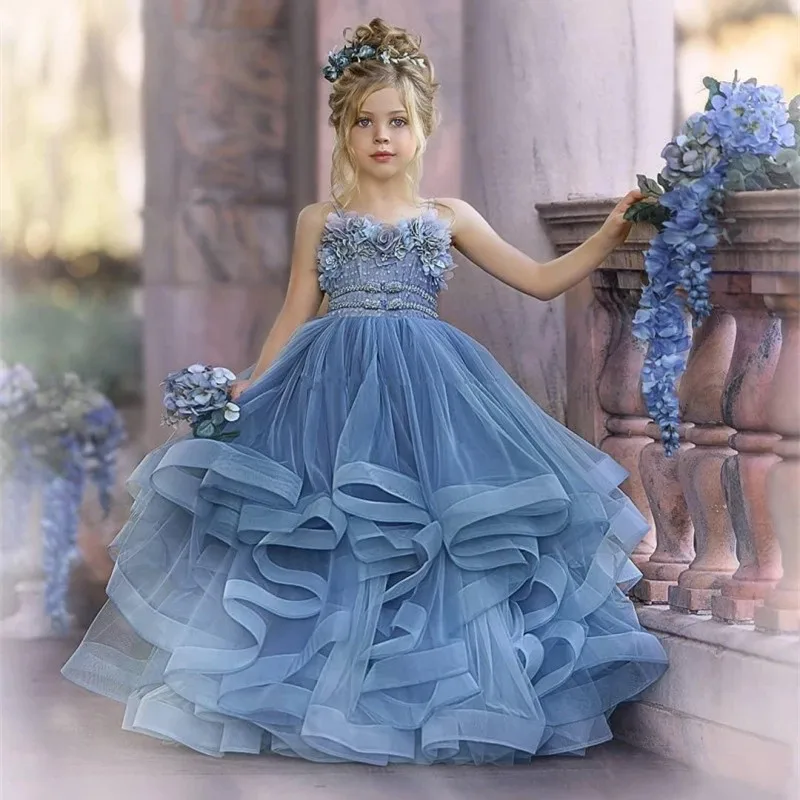 Stoffige Blauwe Bloem Meisje Jurken Voor Bruiloft Robe De Soiree De Mariage Kids Pageant Jurken Tulle Ruches Eerste Communie Jurk