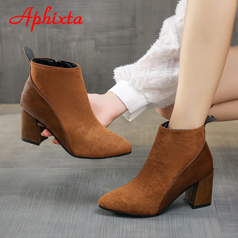 Aphixta 2022 New Mixed Color 6.5cm Square Heels Ankle Boots Women Ins Fashion Zipper Pointd Toe Big Size 44 Shoes Boots