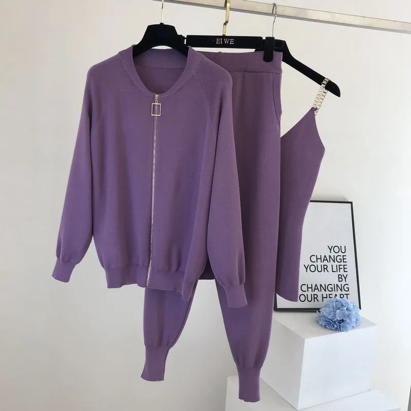 3 piece set women knitted set Zipper cardigan jacket+pencil pant+camisole matching sets Purple black khaki outfits for women