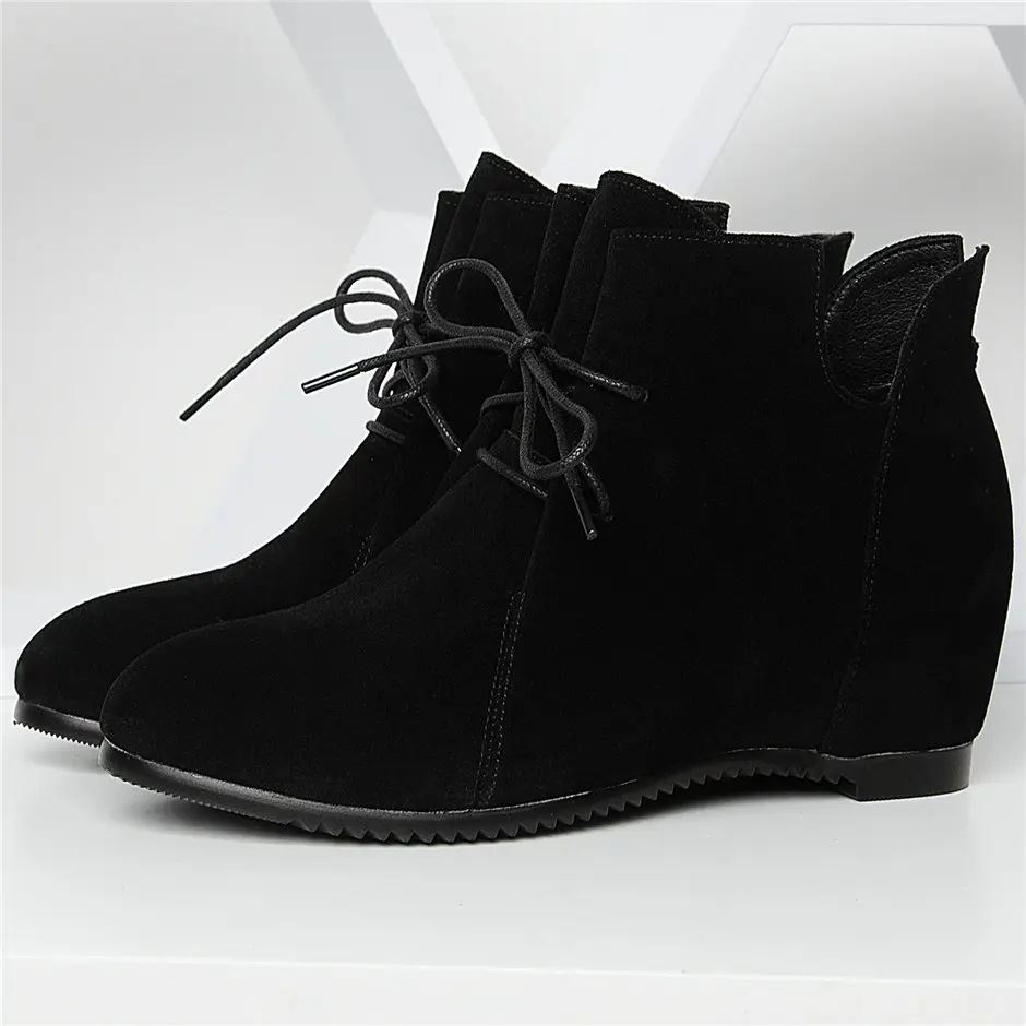 Low Top Booties Women Lace Up Genuine Leather Wedges High Heel Ankle Boots Female Winter Platform Pumps Shoes Warm Oxfords Shoes