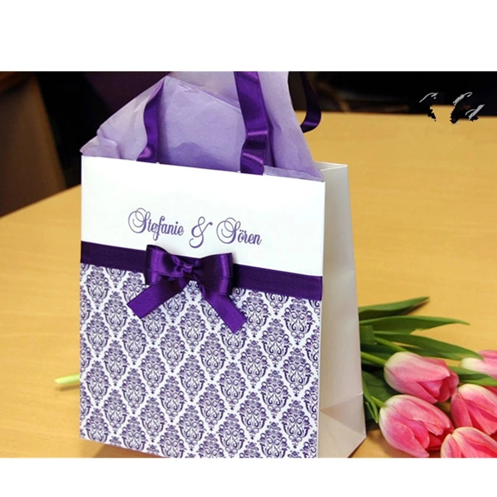 Personalized Purple Wedding Welcome Bags with satin ribbon, damask pattern, bow and names Custom Paper Bags Weddings Gifts