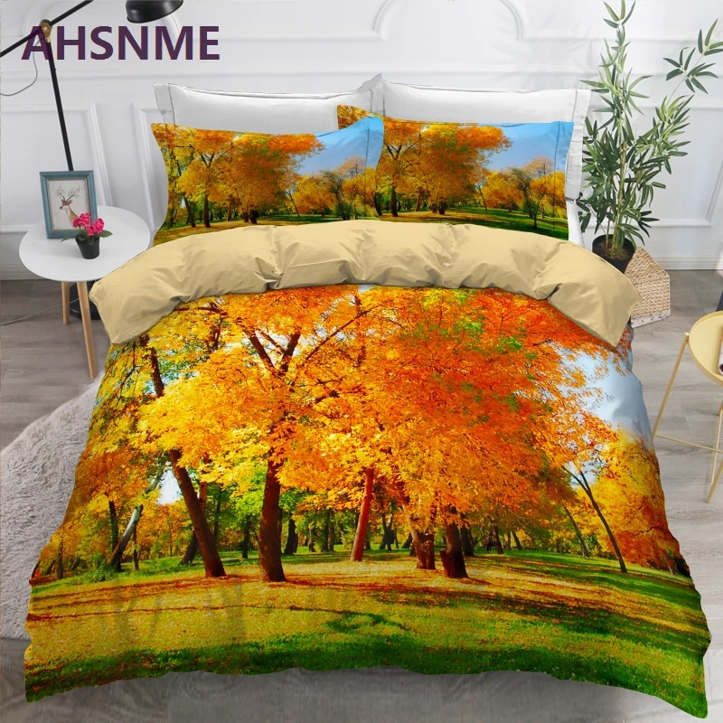 

AHSNME 3D Autumn Deep Forest Scenic Bedding Set Red Quilt Cover With Pillowcase No Sheets Comforter Bedding Sets Queen King Size