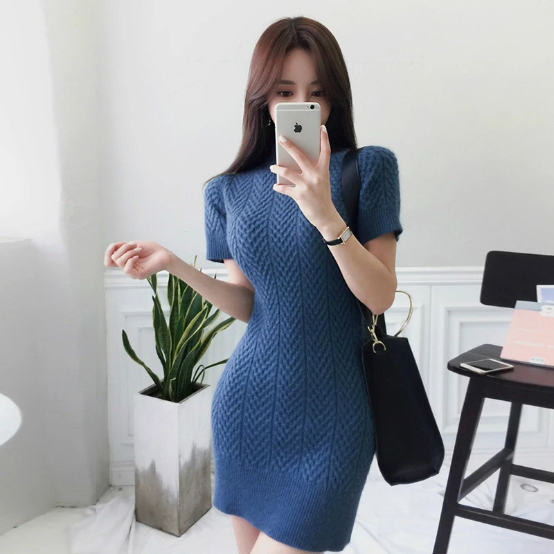 Spring Winter Knitted Pink Dress Women Short Sleeve Mini Sweater Dress Ladies Good Elastic Striped Mini Wrap Package Hip Dresses