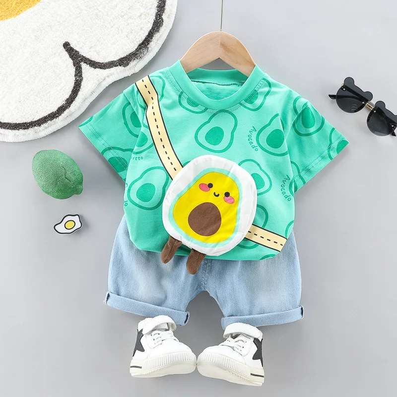 New Toddler Boys Fashion Casual Clothes Outfits 0-5years Baby Girls Print T-shirt with Cartoon Bag+Denim Shorts Summer Clothing