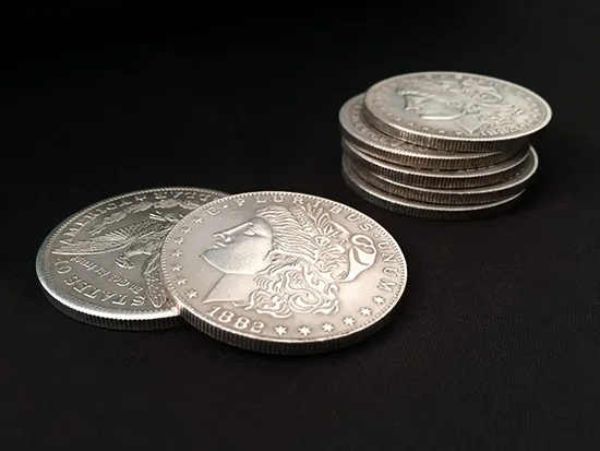 Juego de monedas y concha de dólar Morgan (5 monedas + 1 carcasa de cabeza + 1 carcasa de cola), trucos de Magia, ilusiones de primer plano,