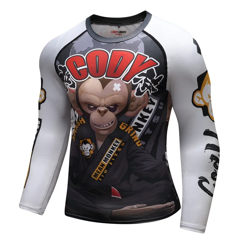 Monkey New Men\'s Compression Tight Skin T Shirt MMA BJJ Long Sleeves 3D Prints Rash Guard Fitness Base Layer Male Tops Wear