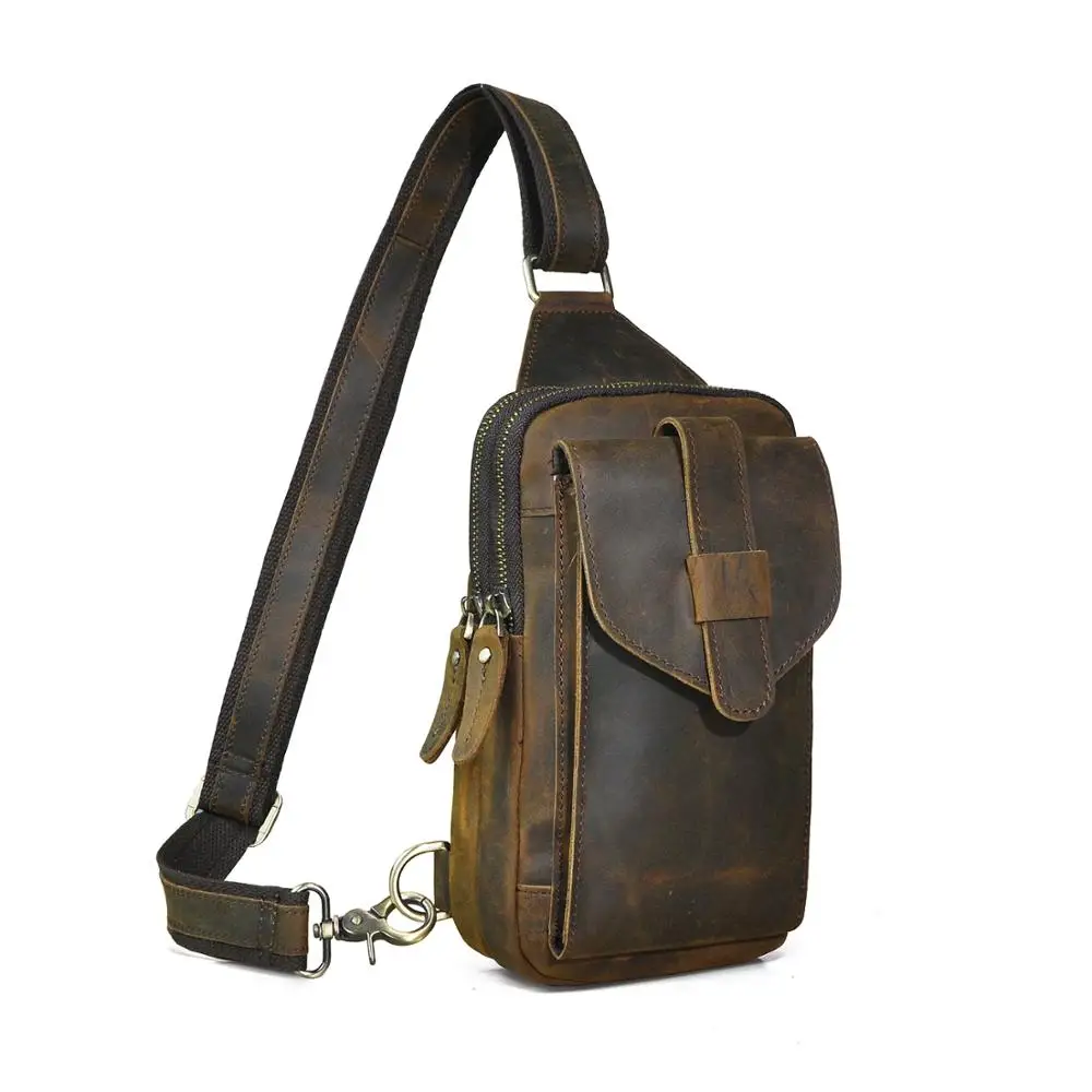 Marca de luxo dos homens crazy horse couro triângulo do vintage cintura pacote peito saco design viagem sling crossbody saco daypack xb571