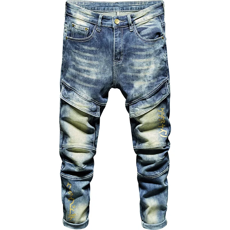 

Brand Men's Lightweight Distressed Blue Water Wash Jeans Classic Youth Splicing Locomotive Trousers Fashion Straight Denim Pants