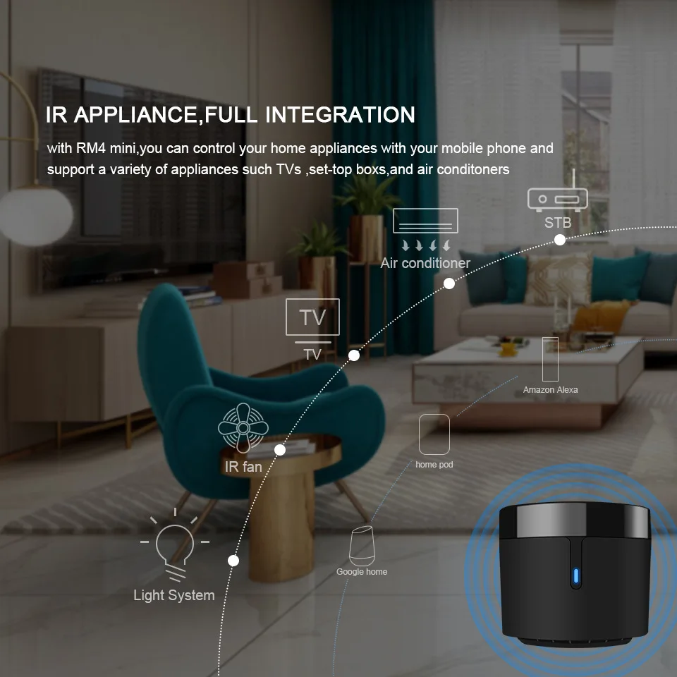 Broadlink RM4mini อุณหภูมิความชื้นเซนเซอร์ WiFi IR รีโมทคอนโทรลสําหรับเครื่องปรับอากาศ TV set-top Box ทํางานร่วมกับ Alexa