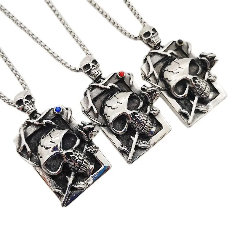 

316L Stainless Steel Mens Gothetic Withered Rose & Skull Square Tag Pendant Charm Necklace Fashion Jewelry Skull Necklace Male