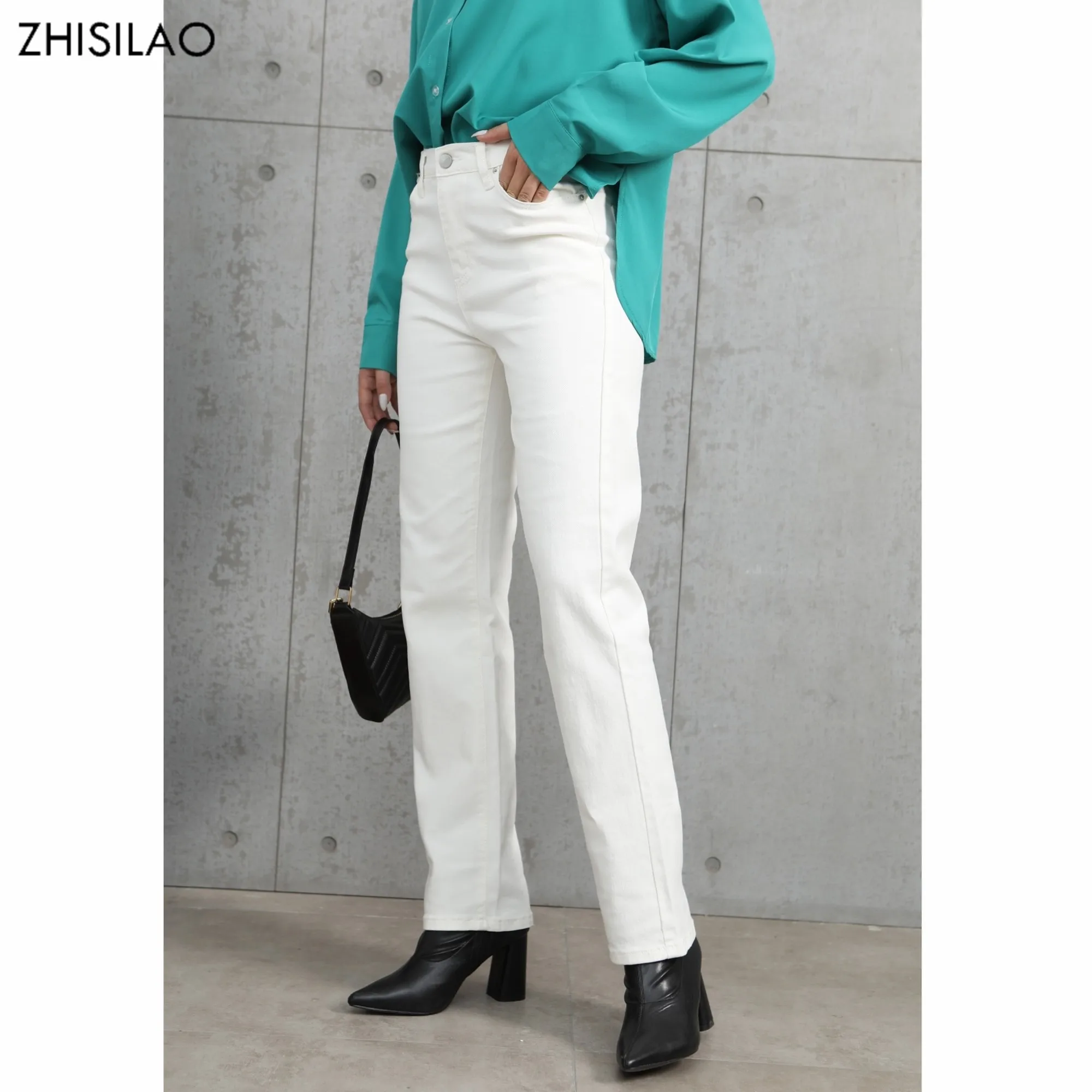 ZHISILAO White Jeans Women Vintage Stretch High Waist Straight Wide Leg Denim Pants Autumn 2021 Jeans Streetwear