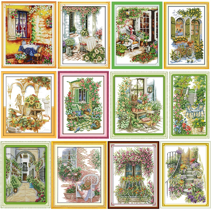 Beautiful Garden Series Cross Stitch Kits 14CT 11CT Flowers Scenery Pattern Embroidery Set  Needlework Home Decoration Painting