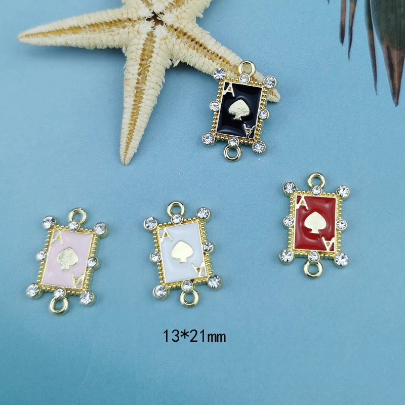 10pcs 13*21MM Diy Gold Metal Enamel Playing Card Rhinestone Lady Poker Charms Pendant For Bracelet Earring Findings