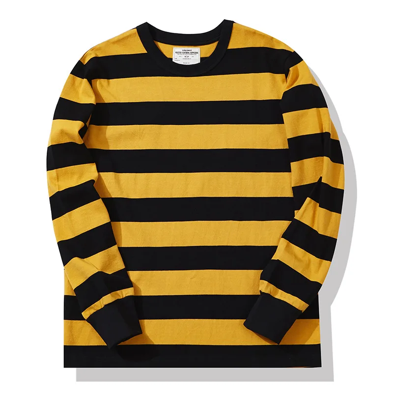 Retro Heavy Long Sleeve T Shirt Men Cotton Thick Striped Round Neck Black White Base Shirt Autumn Casual Tops Pullover Oversize