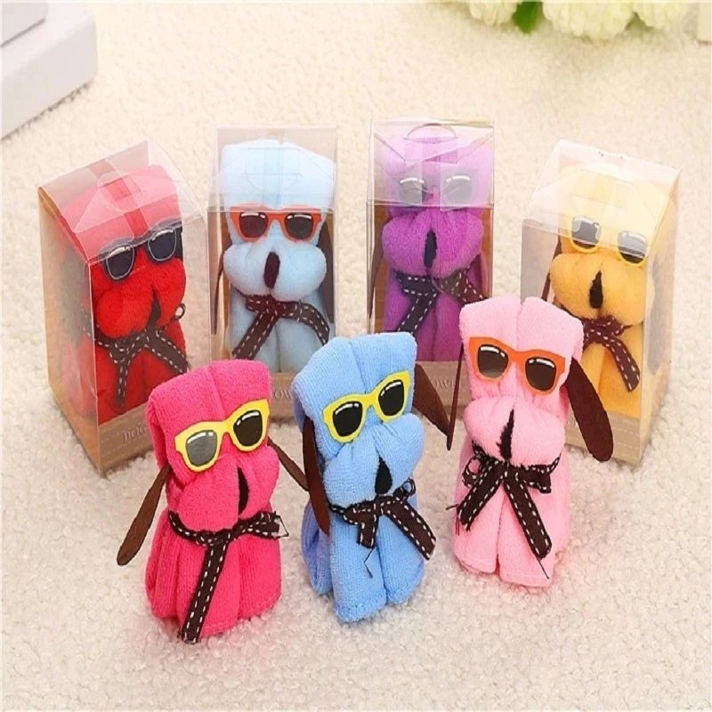 

20pcs Mixed color Cute Glasses Dog Style Towel Fibre Creative Towels For Wedding Party Birthday Favor Gift Souvenirs Souvenir