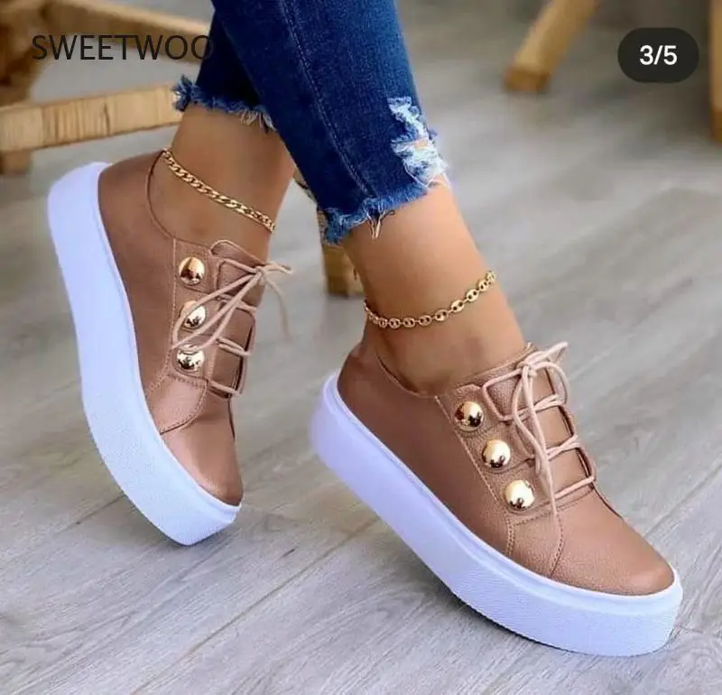 Women\'s Sneakers White PU Leather Canvas Lace-up Thick Sole Breathable Casual Spring and Autumn Shoes
