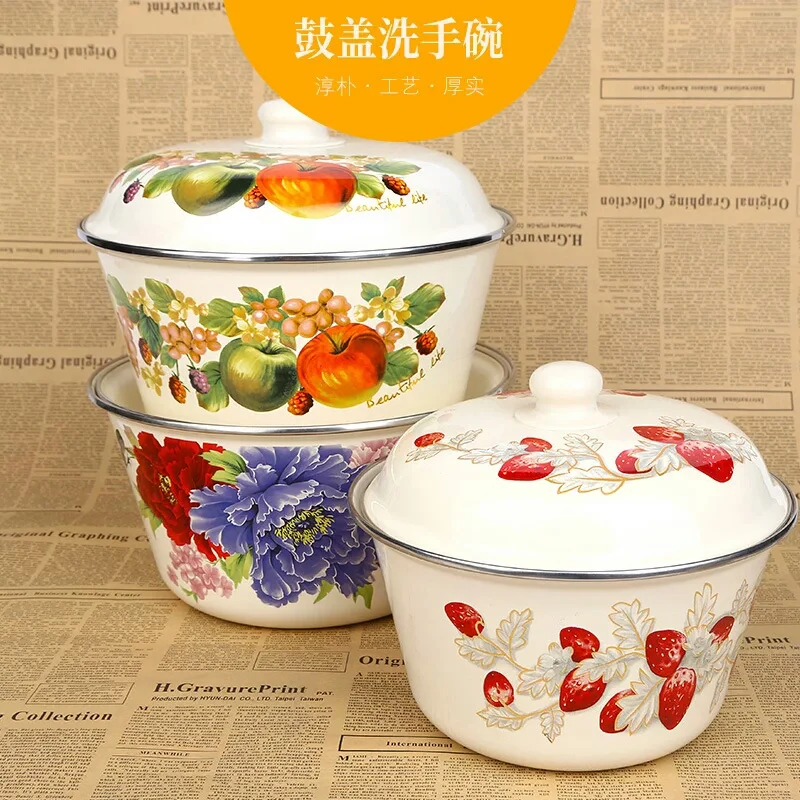 Enamel Basin Food Wash Bowl vegetable Pot Traditional Soup pot