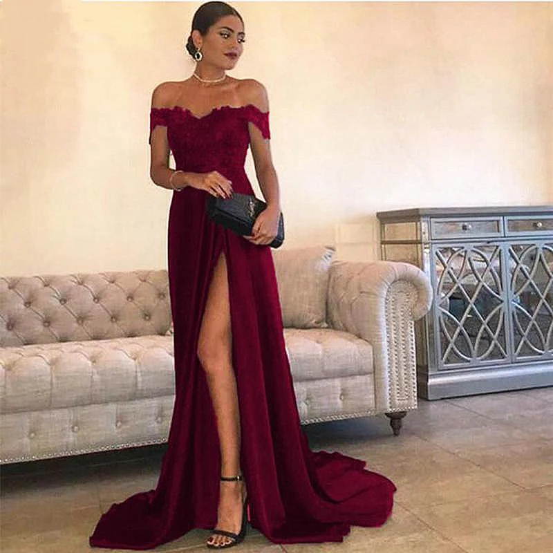 Calda di Nuovo Arrivo Al Largo Della Spalla Lungo Abiti da ballo Con Spacco Appliques Formale Pageant 2019 Vestito Vestito Elegante