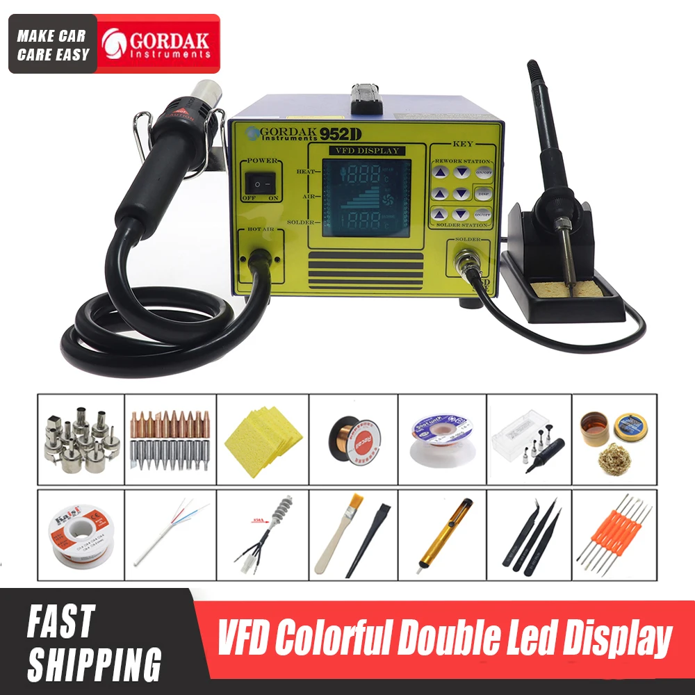 GORDAK 952D 2-in-1 Hot Air Gun Soldering Iron Rework Soldering Station 220V / 110V Telephone Repair Station