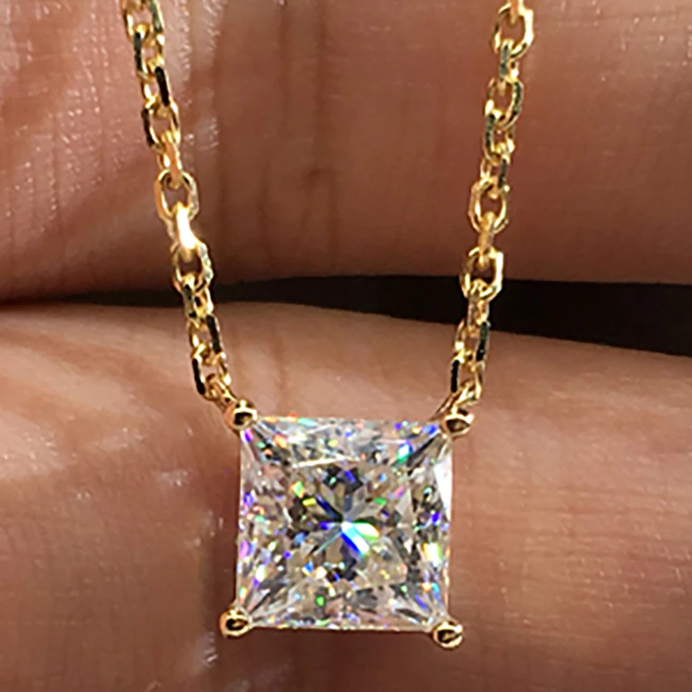 Custom Solid 10K Yellow Gold Women Pendants Necklaces Moissanite Diamond 2 Carat Princess Square Wedding Anniversary Engagement