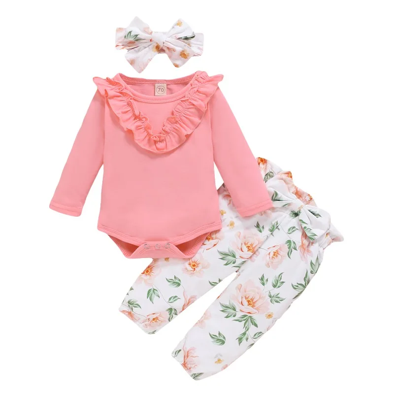 Summer Baby Girl Casual Romper Sets Children Clothing Baby Girl Long Sleeve Romper Top Floral Trousers Headband Outfits Clothes