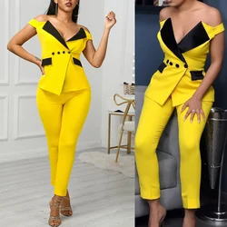 Sexy Deep V Neck Women Blazer Suits Patchwock Pocket Slim Fit Custom Made Jacket Yellow Black Button 2 Pieces Set