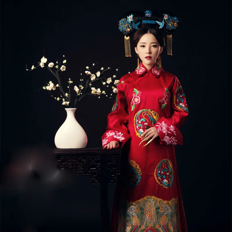 

3 Designs High Quality Embroidery Qing Dynasty Princess Costume Bride Red Wedding Hanfu Female Cosplay Stage Performance Dress