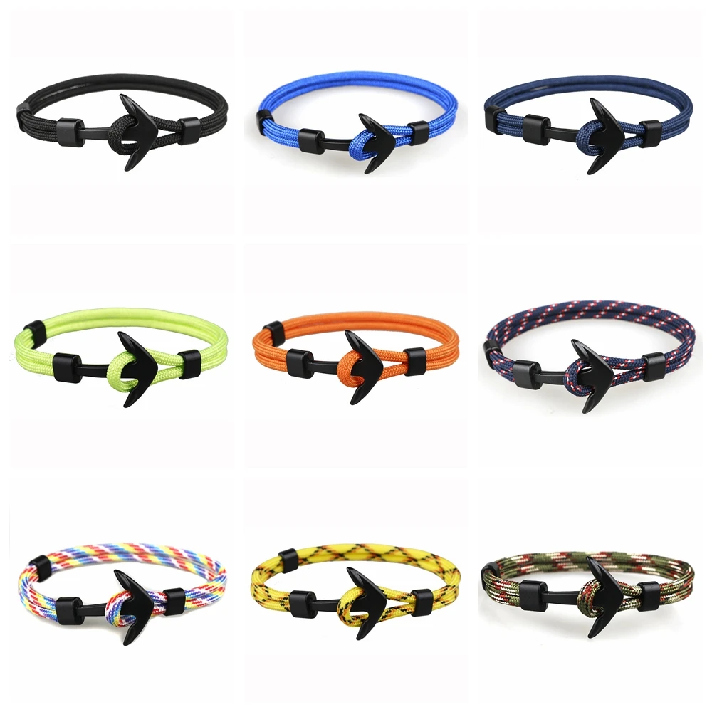 12PCS Metal Black Anchor Polyester Rope Men Surfer Army Fashion Wristband Bracelet Man Gift For Bracelets Bangle Love trendy