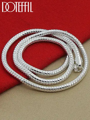DOTEFFIL Silver Color 16/18/20/24/22/24/26/30 Inch 3mm Snake Chain Necklace For Woman Man Wedding Engagement Jewelry