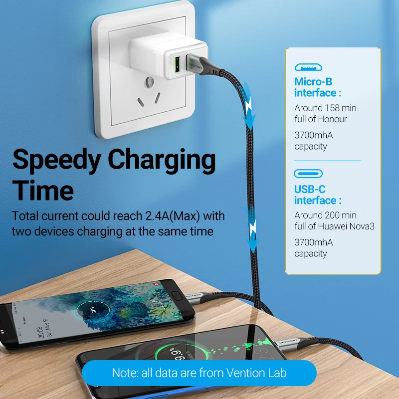 Vention 2 في 1 USB نوع C كابل ل شاومي Redmi نوت 10 سامسونج S20 USB شاحن الحبل لهواوي P40 برو ماتي 30 مايكرو USB كابل