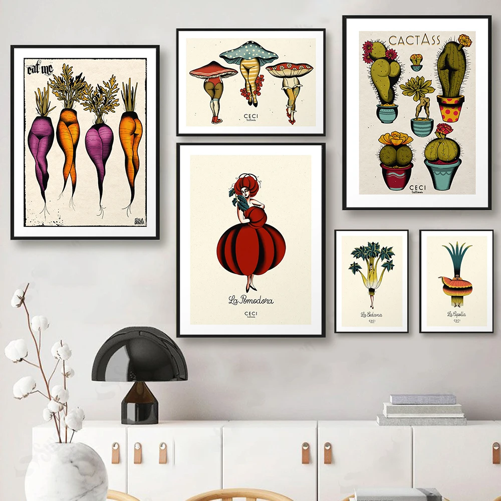 Sexy Carrots Onion Tomato Celery Lady Canvas Poster Abstract Botanical Tattoo Flash Prints Painting Retro Funny Kitchen Decor