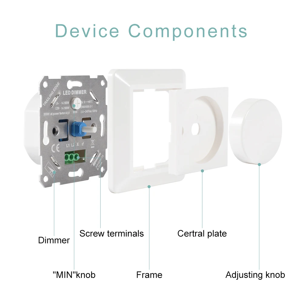 Wall Mounted LED Light Dimmer Switch Button Switch Adjustable 5-200W 220-240V Rotary Dimmable 2-Way For LED Bulb Ceiling Light