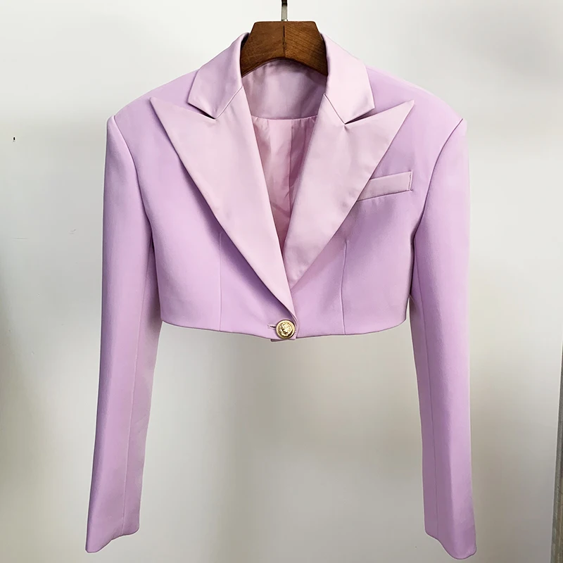 HIGH QUALITY Newest 2024 Designer Blazer Women\'s Extra Shoulder Satin Collar Single Button Crop Blazer Short Jacket