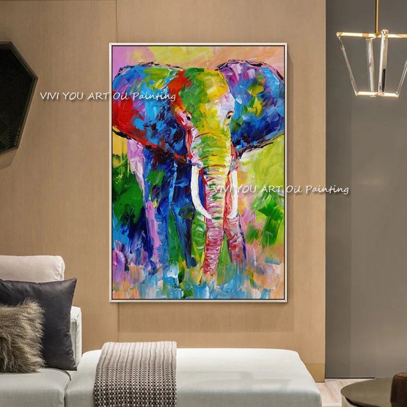 Handgemaakte Nordic Decor Aquarel Graffiti Olifanten Olieverfschilderij Wall Art Animal Picture Abstract Poster Schilderij