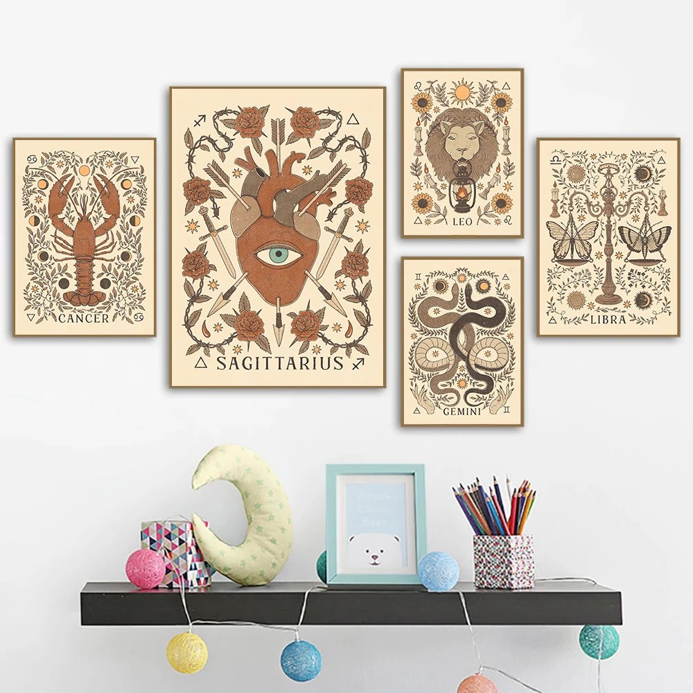 Bohemian Zodiac Art Poster Print Canvas Painting Inspired Astrology Scorpio Virgo Aquarius Aries Leo Pictures Retro Wall Decor