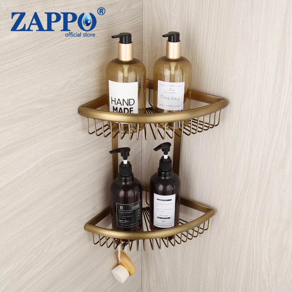 

ZAPPO Antique Brass Bathroom Storage Organizer Cabinet Rack Antique Brass 2 Tiers Bathroom Shelf 2 Hooks Set Pot Pan Hanger