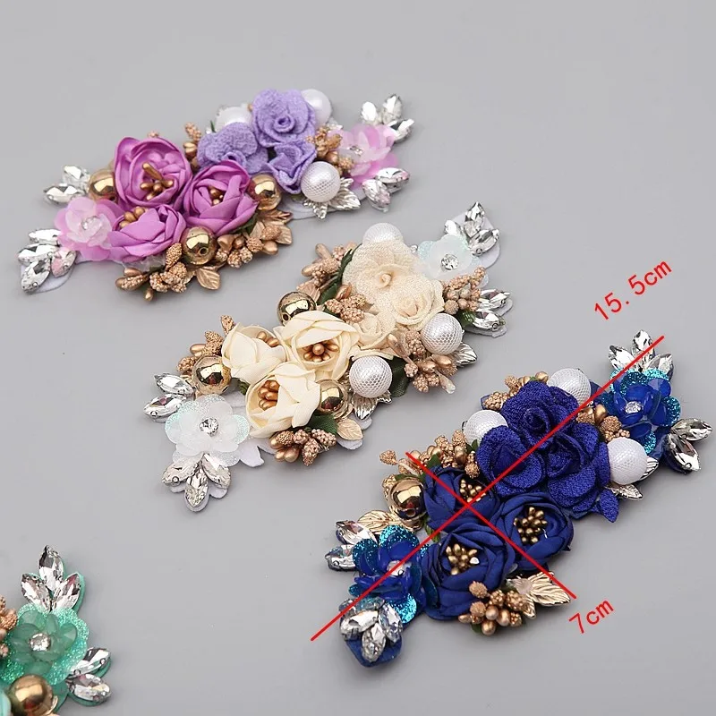 5pcs/Lot 7Colours Handmade Rhinestone 3D Rose Flower Sew On Applique Embroidery Rhinestone Flower  Patches For Clothing