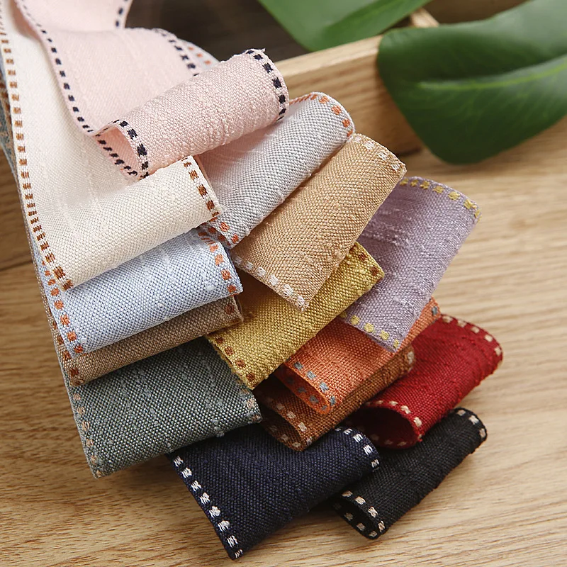 Linen Denim Color Ribbon Dotted Embroidery Edegs DIY Clothing Hair Bowknot Jewelry Accessory Floral Handmade Pet Collar Material