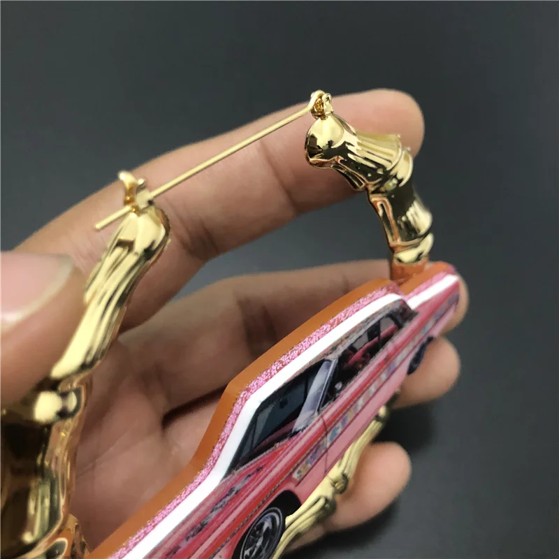 KUGUYS Vintage Pink Lowrider Car Bamboo Hoop Earrings for Women Retro Glitter Acrylic Trendy Accessories Rock HipHop Jewelry