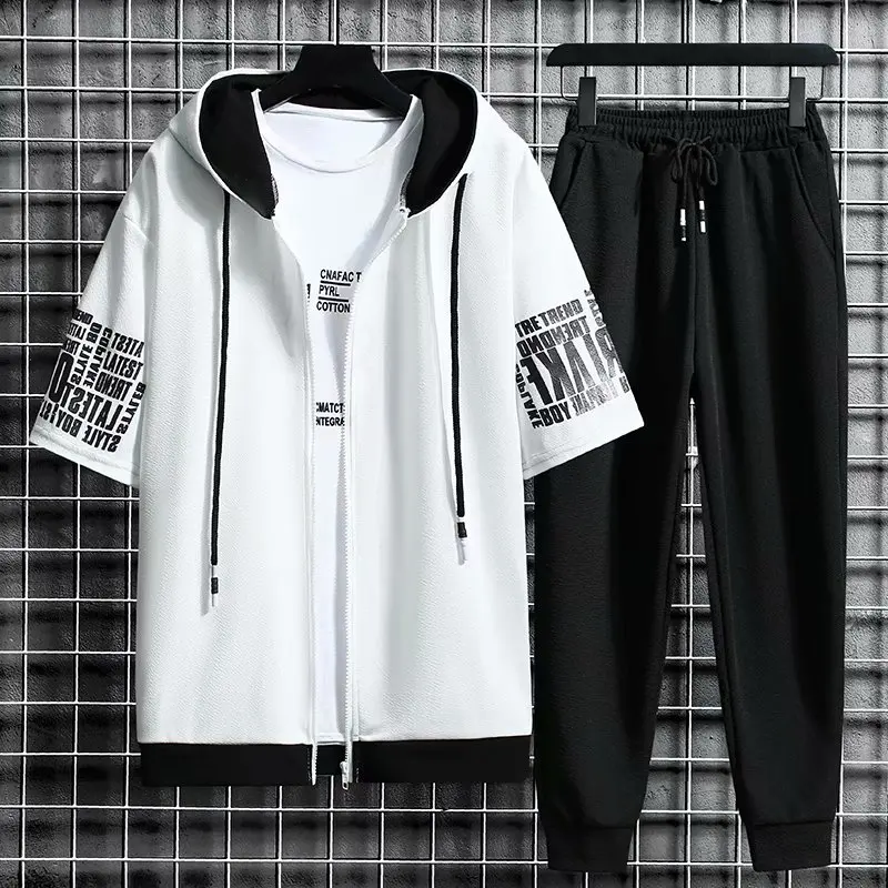 Men\'s Sets Hooded Zipper Short Sleeve Tops+ Elastic Waist Trousers Men Clothing Two Piece Set Korean Streetwear Tracksuit Men