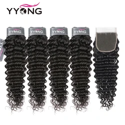 Yyong Hair Peruvian Deep Wave Bundles With Closure 100% Remy Human Hair Deep Wavy Weave 3/4 Bundles With 4x4 Lace Closure