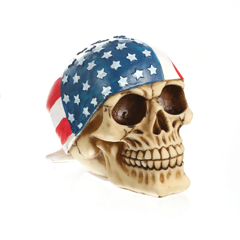 Moquerry  American flag Resin Statues Sculpture Decorative Human Skull Replica patriotic Creative Human Head Model Halloween