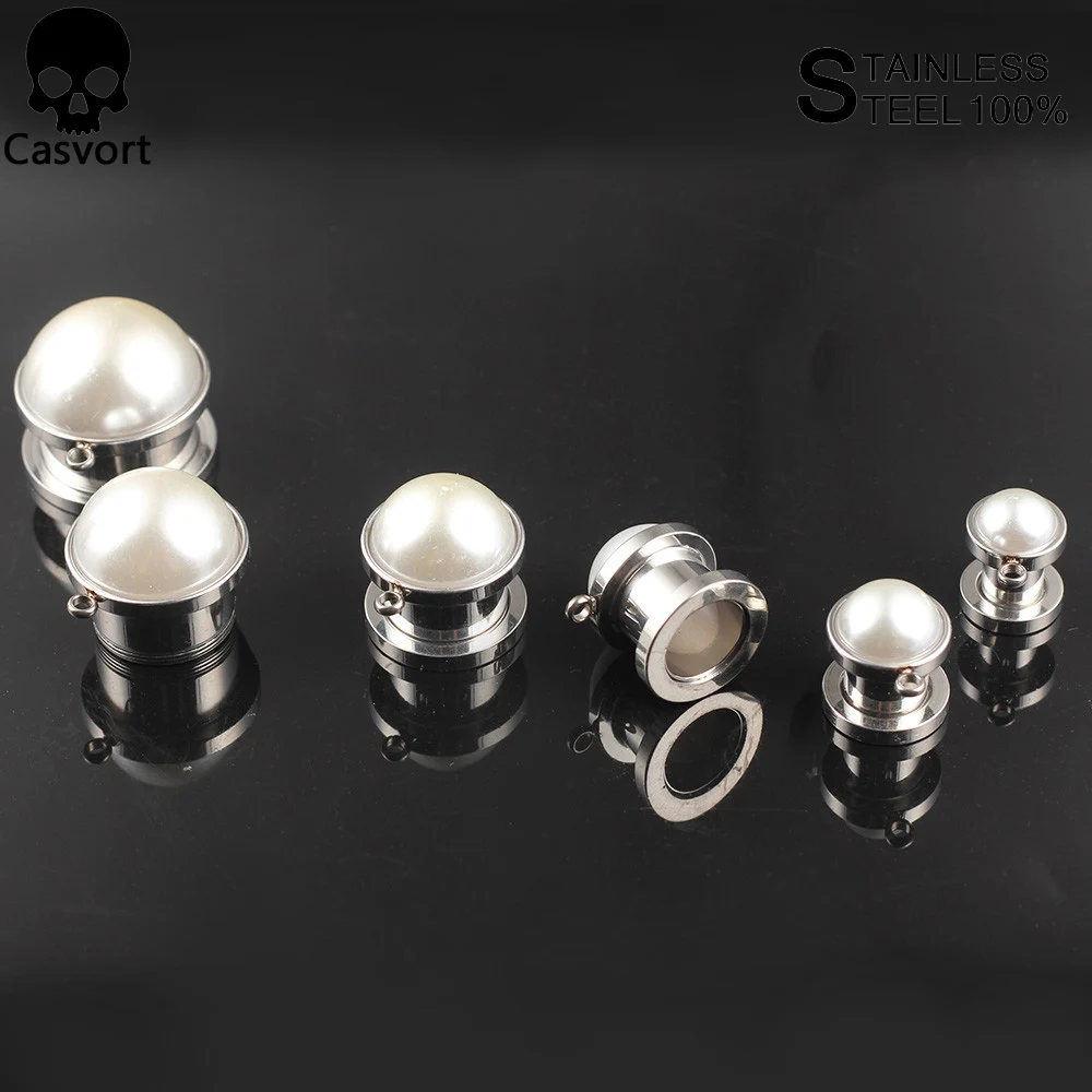 Casvort  2 PCS Pair Selling Stainless Steel Elegant Wedding Pearl Ear Piercing Ear Plugs Tunnels Body Piercing Jewelry