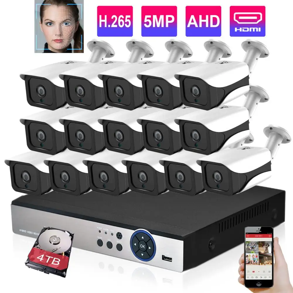 

H.265 16CH AHD 5MP Security Camera System Super 5MP AI Face Detection Camera Outdoor Security Video Surveillance CCTV DVR kit 4T