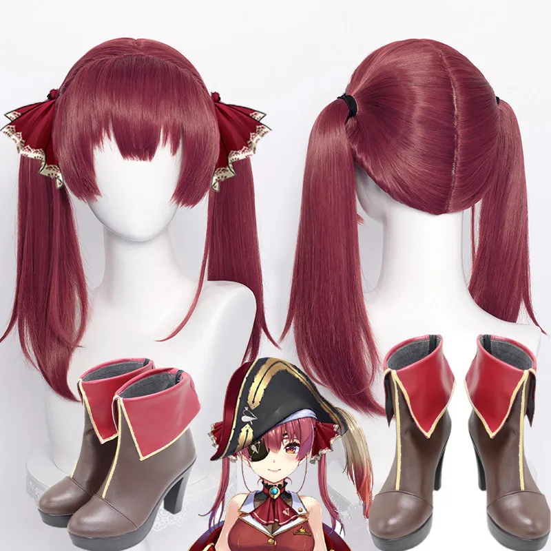 Youtuber Hololive Houshou Marine VTuber Red Cosplay Wig Ponytais Heat Resistant Synthetic Cosplay Hair shoes Houshou Marine