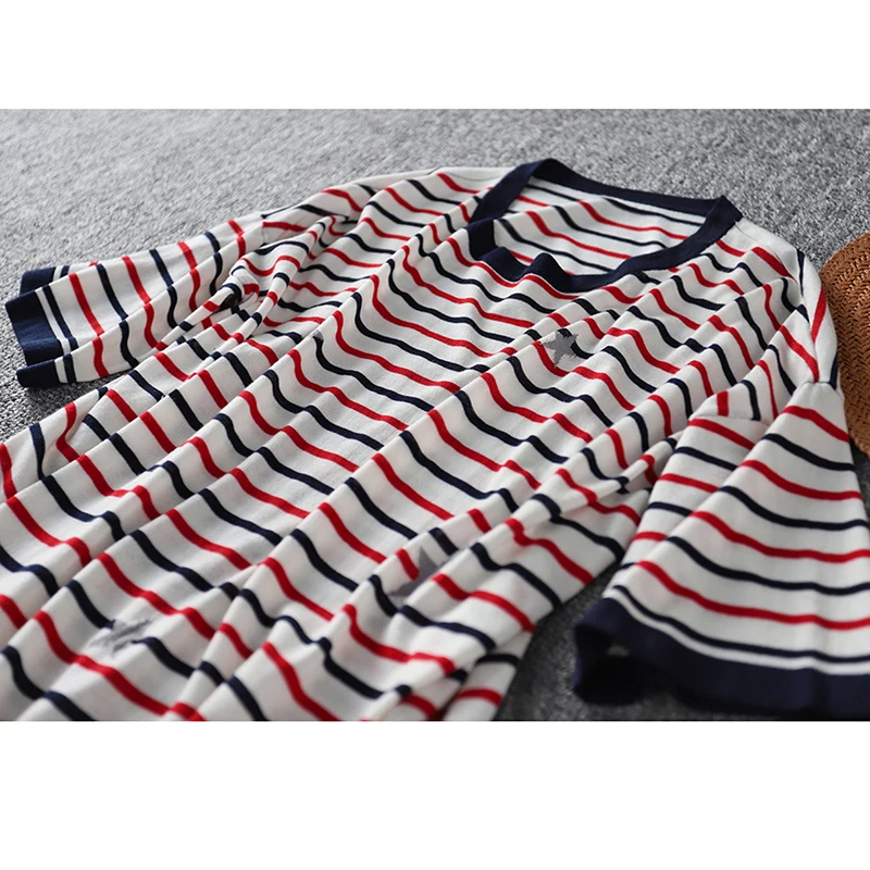 Print Star Tshirs Stirped Short Sleeve O Neck Knitted Tops Women T-shirts Summer 2021 Ropa Mujer Verano 2021 Femme Tee Shirt