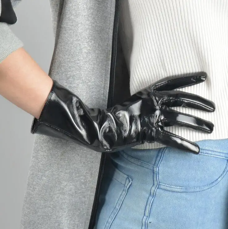 Women's patent PU leather medium long gloves female runway fashion leather driving glove 28cm TB857