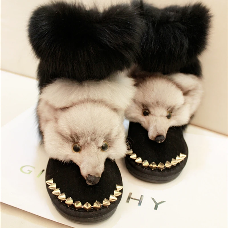 2023 Winter Boots Woman Warm Handmade Snow Boots Women Real Fox Fur Slip-On Casual Shoes Women Flat Leather Rivet Ankle Boots