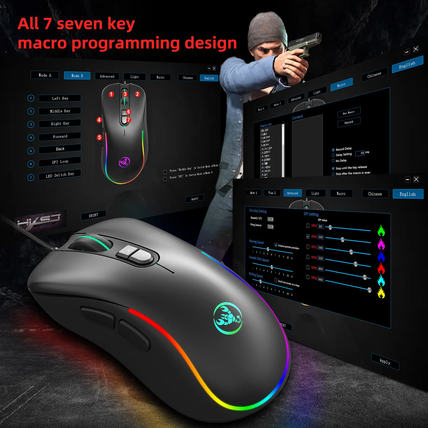 New RGB BackLight Macro Programming  Wired Gaming Mouse 7 Button LED 6400 DPI USB Computer Mouse Gamer Mice Mause  For PC Laptop