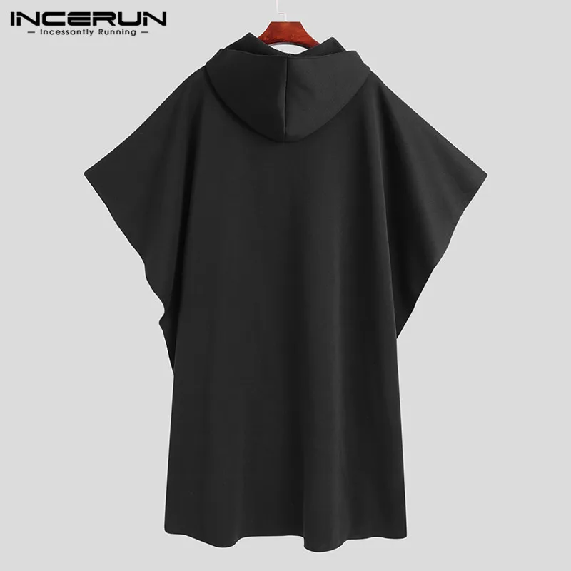 Men Loose Black Coats INCERUN Fashion Irregular Hooded Cloak Autumn Winter Man Long Sleeve Trench Retro Punk Outwear Jackets 5XL